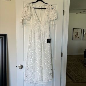 NWT Lulus Flourishing Blossoms White 3D Floral Backless Midi Dress sz L